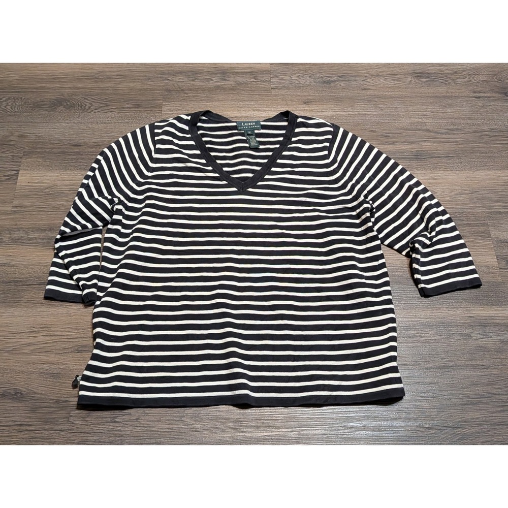 Lauren Ralph Lauren Womens 1X Black White Striped V-Neck 3/4 Sleeve Sweater